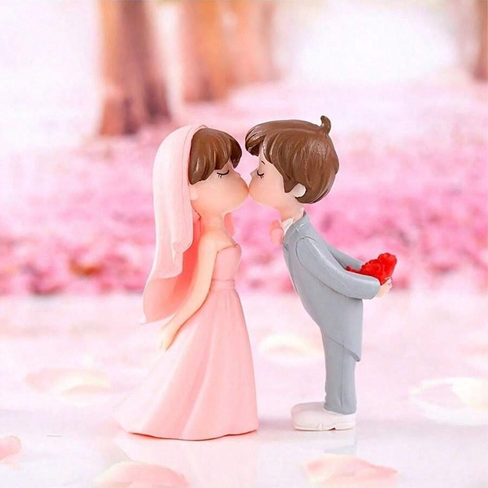 2pcs Cartoon Wedding Couple Statues, Plastic Miniature Landscape DIY Decor, Romantic Bride Decoration, Festive Display, Desktop & Window Shelf