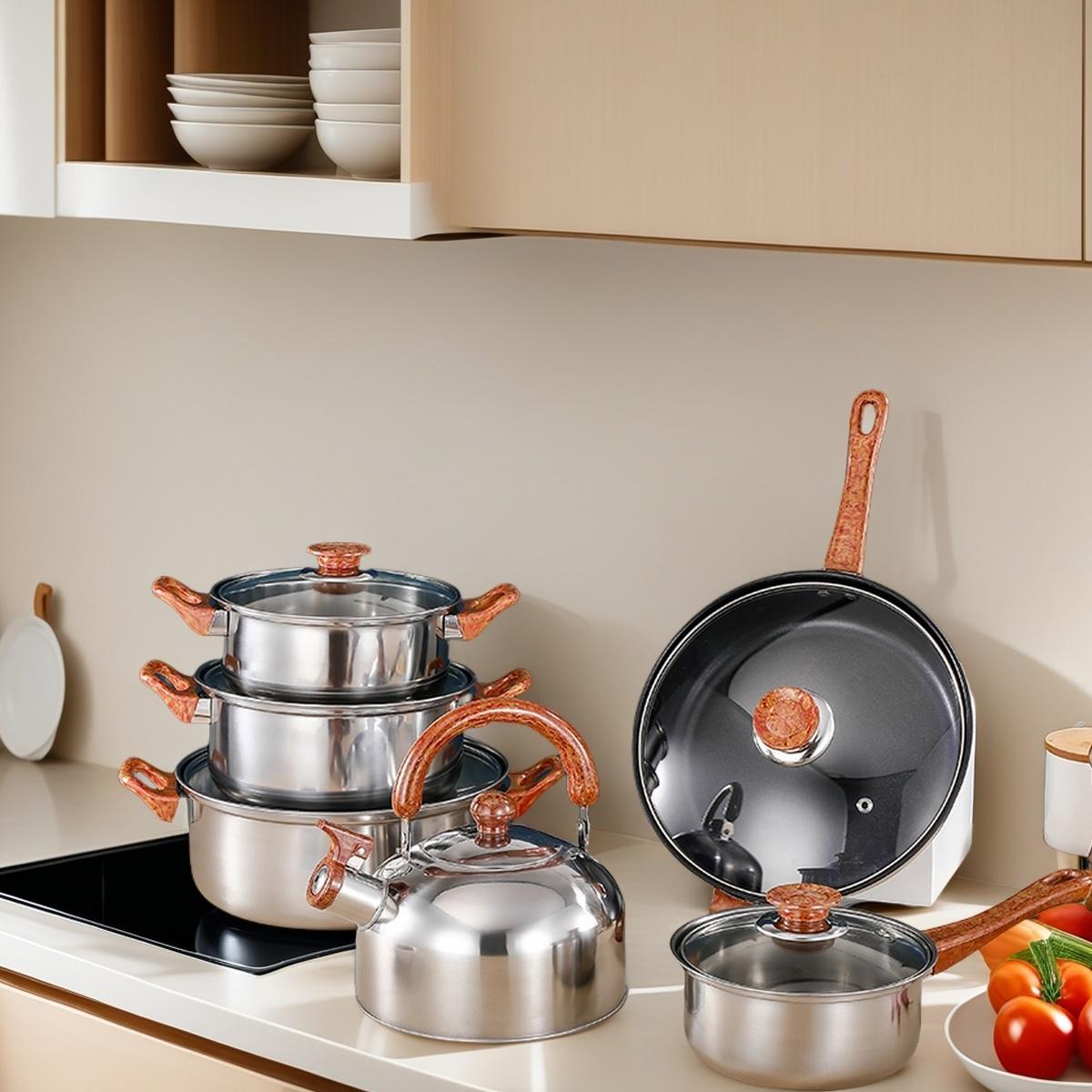 6pc Stainless Steel Multi-Function Cookware Set, Durable Easy Clean Non-Stick Pot, Soup Pot, Milk Pot, Fry Pan, Water Kettle Suitable for restaurant and home kitchens