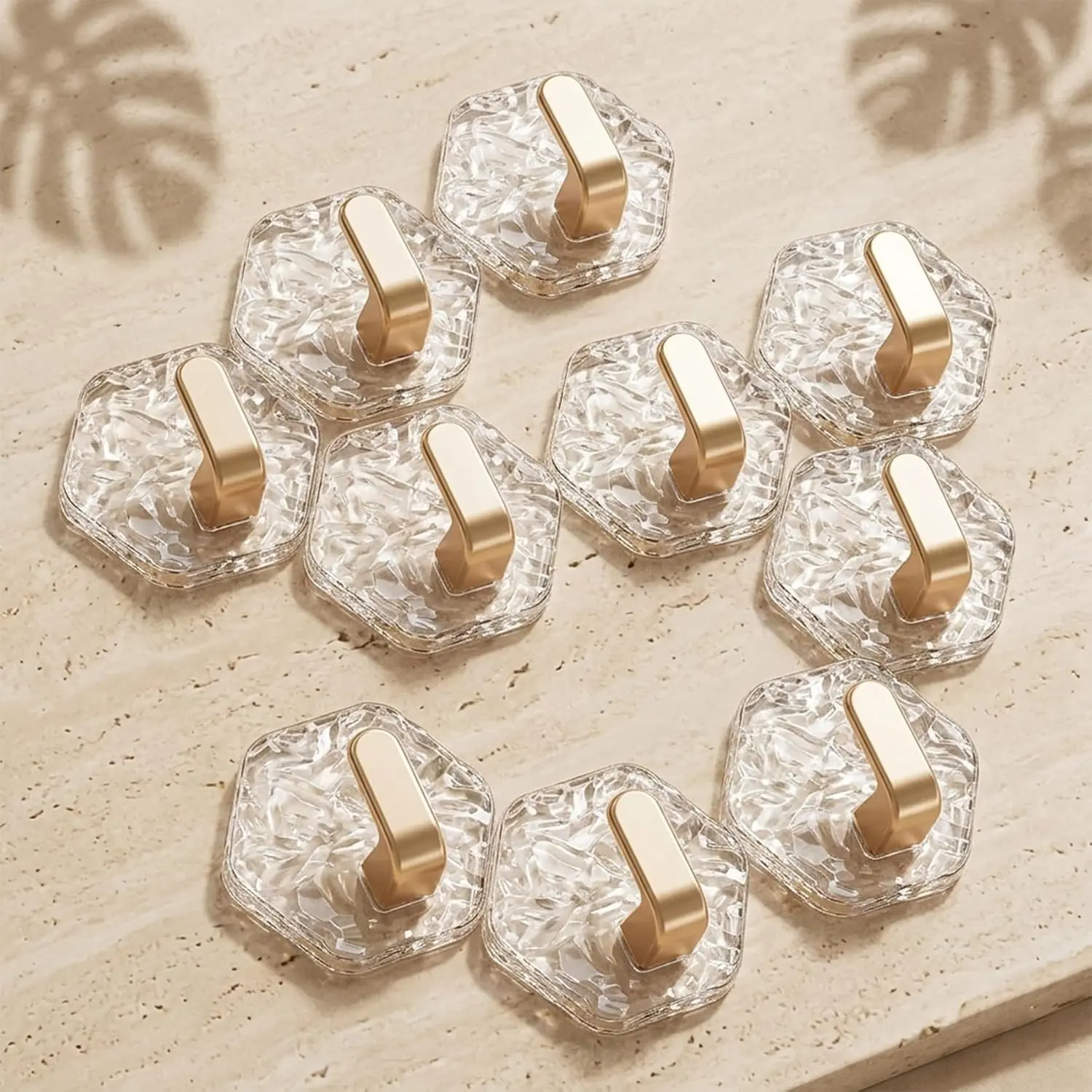 Gold Glacier-Ripple Self-Adhesive Hooks, 10-Pack Acrylic Waterproof Heavy-Duty No-Nail Hexagonal Water Ripple Wall Hooks for Towels, Keys, Home Organization & Decor