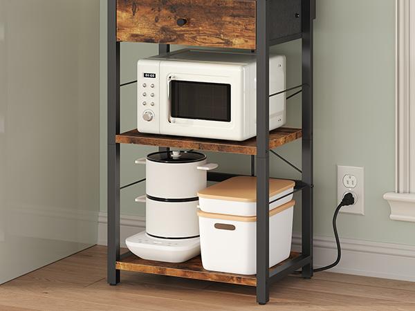 Mahancris, Bakers Rack with Drawer, Charging station and Hooks, Coffee Bar Corner, 4-Tier shelves Storage for Kitchen, Dining Room, Rustic Brown and Black