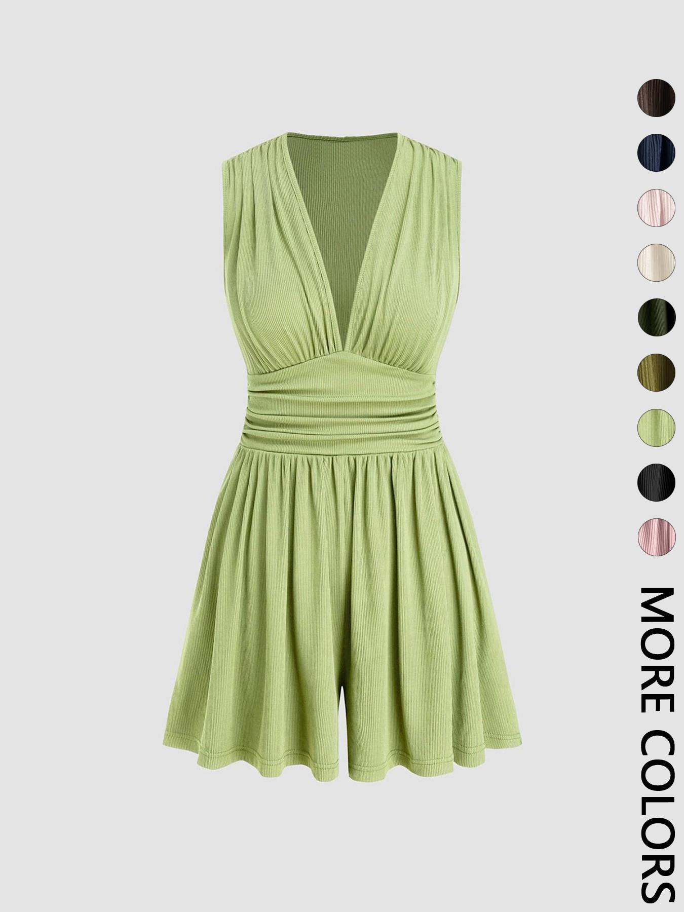 Women's Plain Ruched Deep V Neck Short Fitted Tank Romper, Elegant Sleeveless Romper For Summer, Fashion Casual Ladies Womenswear Clothes For Daily Wear Women's Plain Ruched Deep V Neck Short Fitted Tank Romper, Elegant Sleeveless Romper For Summer, Fashion Casual Ladies Womenswear Clothes For Daily Wear