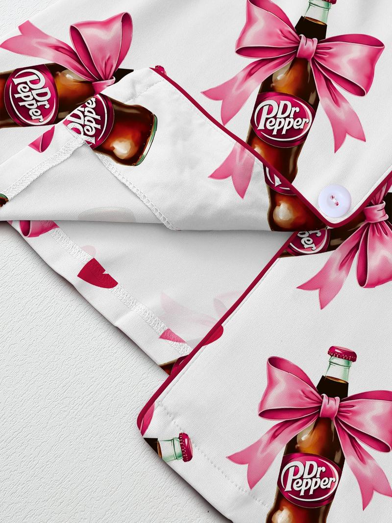 Teen Dr Pepper Collar Short Sleeve Pajama Set, Comfortable Sleepwear, All-Season Loose Fit, Animal Pattern, Perfect Gift