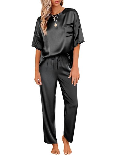 Women's Satin Silk Pajama Set, Short Sleeve Top & Long Pants, Soft Sleepwear for Women, Comfortable Loungewear for Home Use