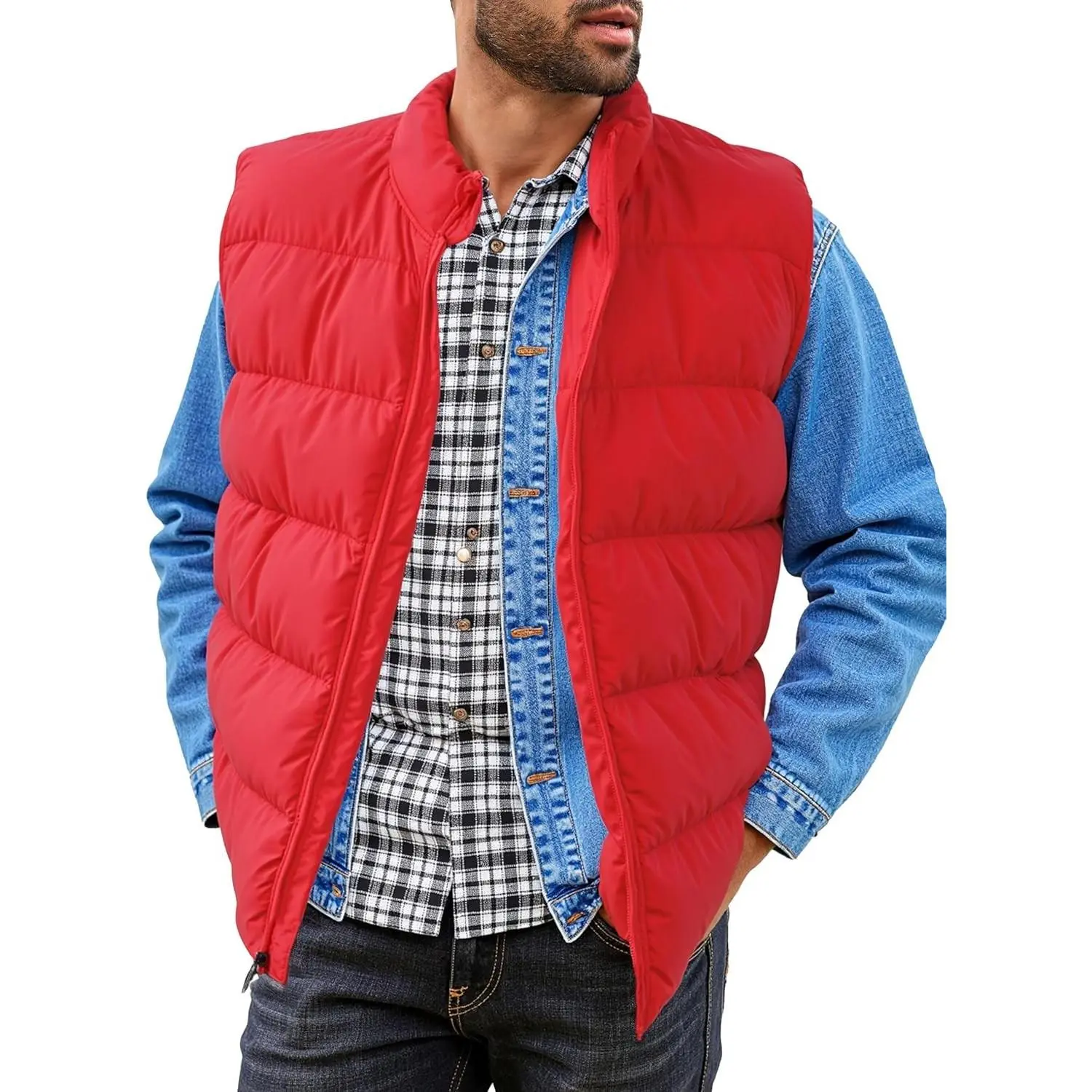 Men's Classic Soft Winter Lightweight Cotton Sleeveless Puffer Vest - Outerwear with Pocket, Hem, Puffer Fabric, Vest Shape, Casual Outdoor Use