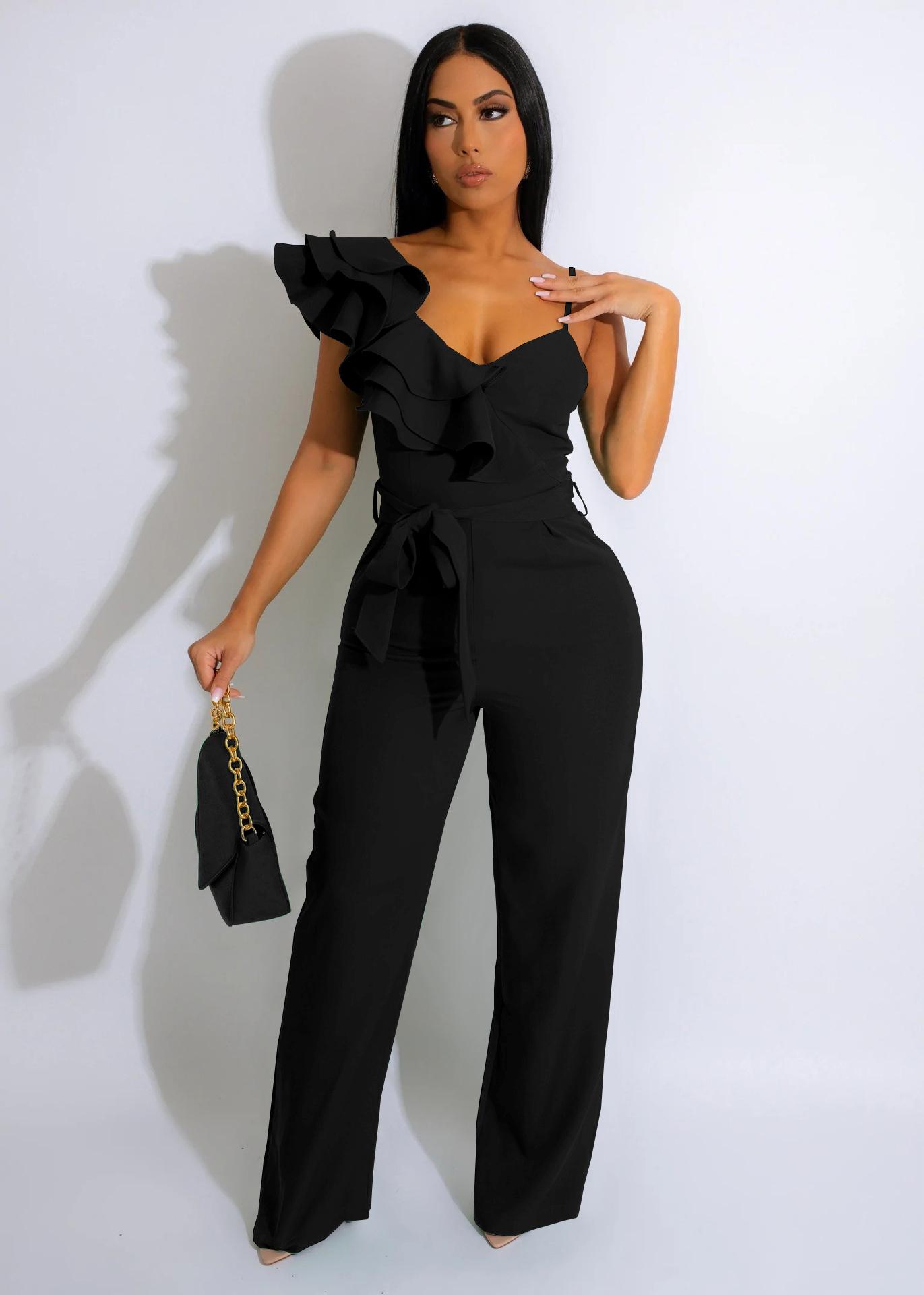 USBoutique Chic Women's Black One Shoulder Ruffled Top& Wide Leg Pants Jumpsuit, Casual Summer Romper, Trendy 2025 Outfit