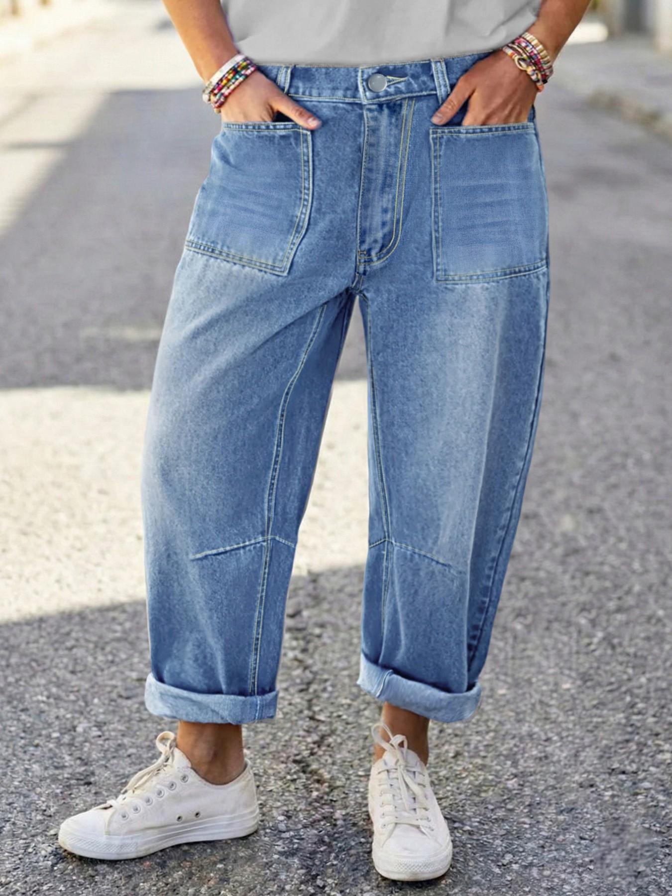 Plus Size Light Wash High Waist Denim Jeans, Relaxed Cuffed Cropped Baggy Pants, Vintage Coastal Casual Utility Wear for Women