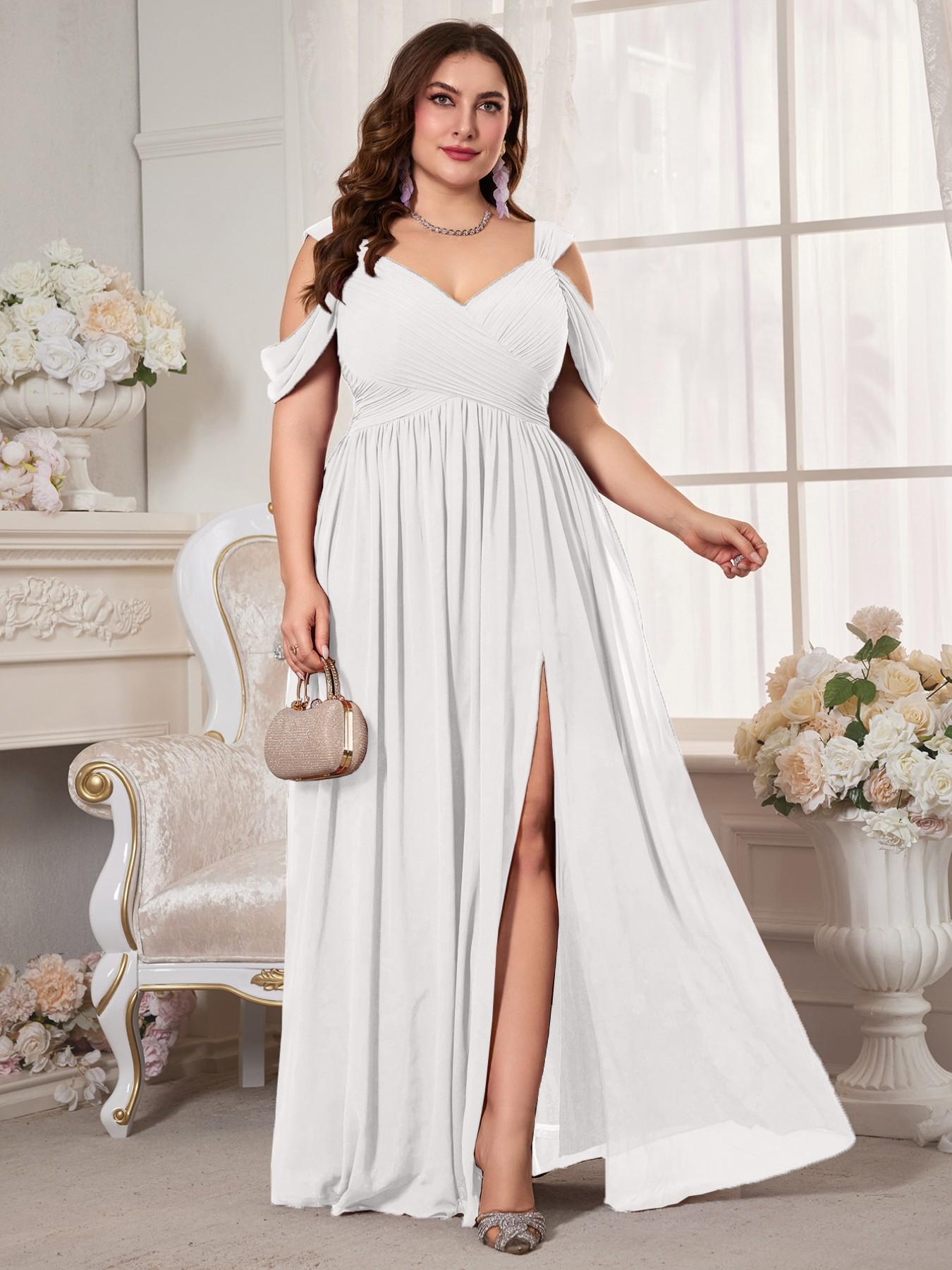 Plus Size Women's V-Neck Backless Waist Cinch Pleated High Split Skirt Maxi Dress, Elegant Chic Lightweight Chiffon Bridesmaid Party Formal Evening Gown, Pleated Dresses