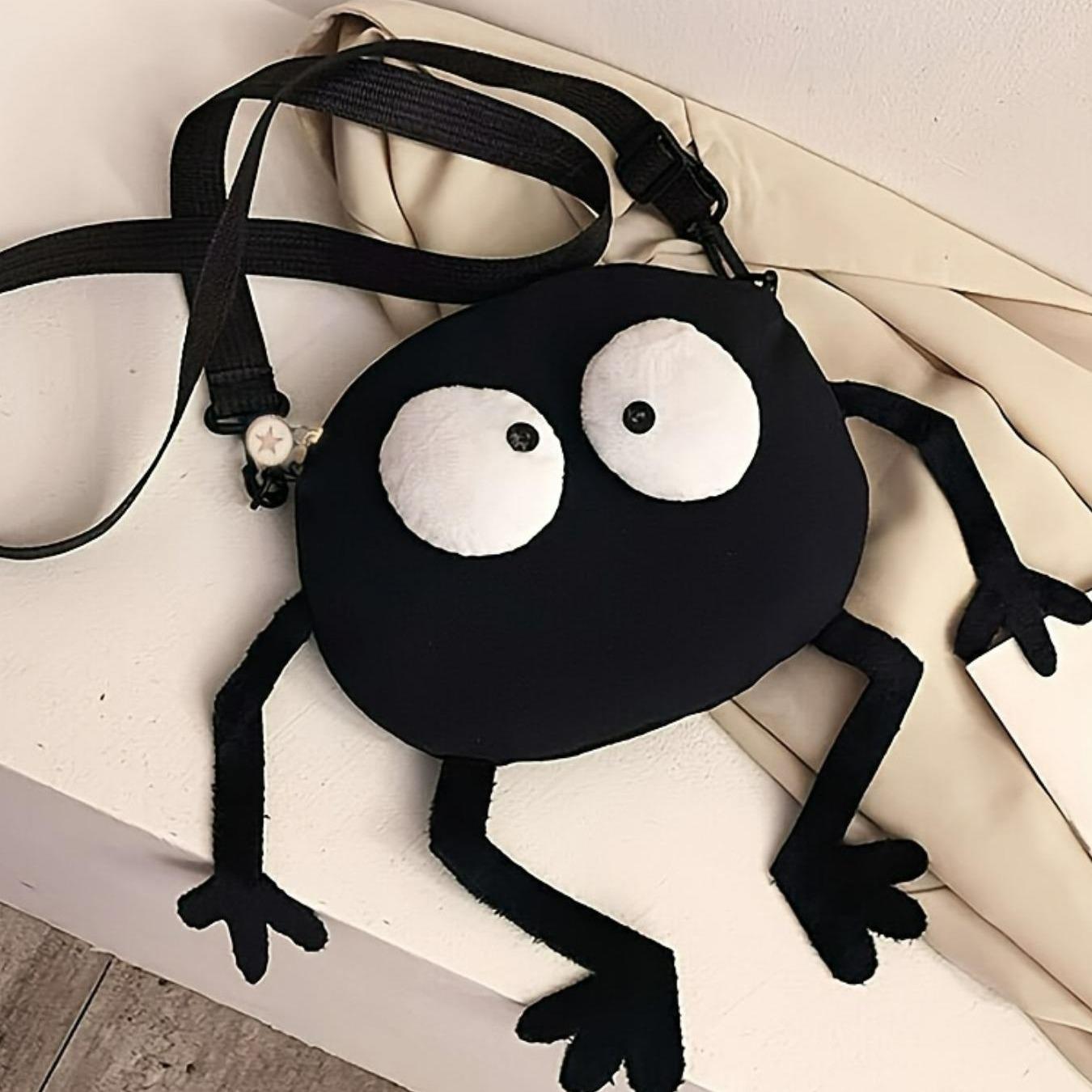 Cute Cartoon Charcoal Ball Design Canvas Handbag Organizer Bag, Minimalist Crossbody Bag with Colorful Edges, Stylish Daily Use