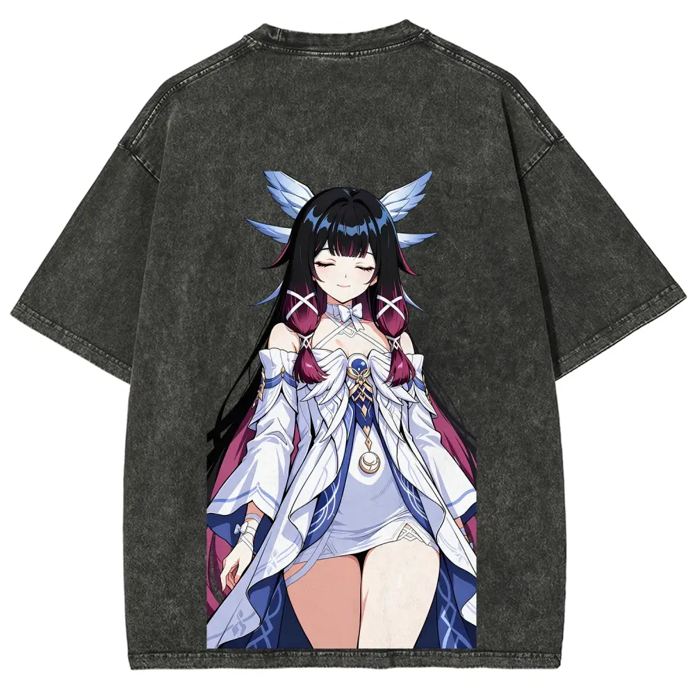Unisex Columbina, Fatui Harbinger codenamed the Maiden, the Lunar Goddess Graphic Washed T-Shirt Personalized Pattern Y2k Clothing Round Neck Washed T-Shirt,Women's Clothing 100% Cotton, Menswear, Top, Vintage Style,Summer Casual Oversized