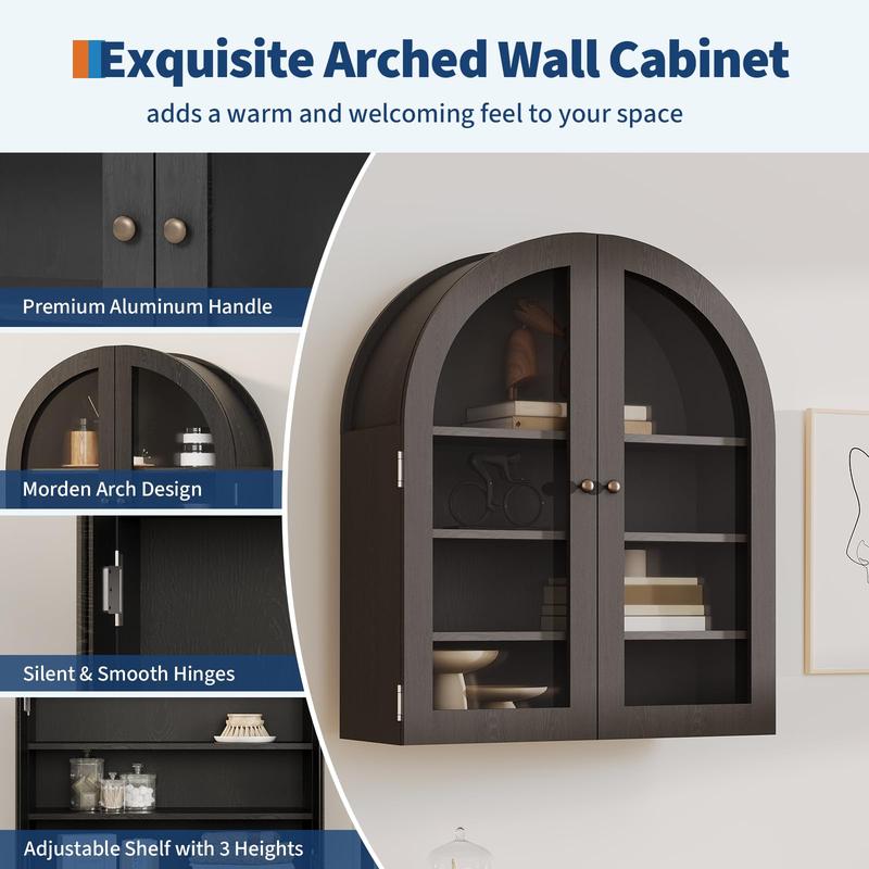 Small Arched Wall Cabinet with Acrylic Doors - 24" Wall-Mounted Storage Cabinet with Adjustable Shelf, Compact Space-Saving Design for Kitchen, Bathroom & Laundry Room
