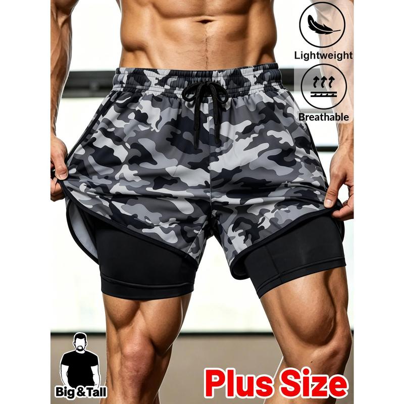 Plus Size Men's Camo Nylon Blend Sports Shorts - Elastic Waist, Loose Cut, Lightweight Summer Bottoms for Gym, Running