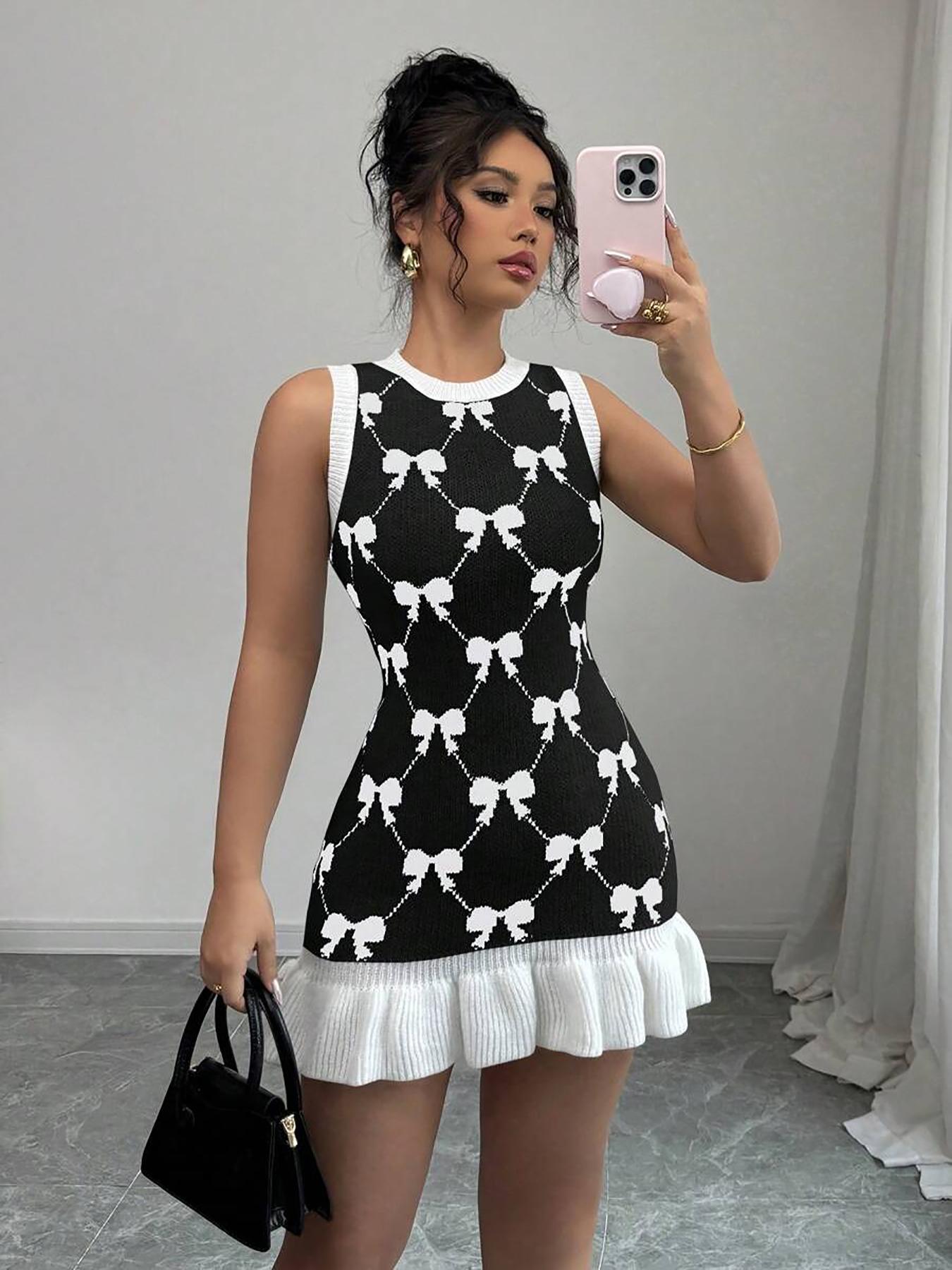 Women's Bow Print Ruffle Hem Sweater Dress, Sleeveless Round Neck Knit Casual Chic Fitted Elegant Dress for Summer, Fashion Women's Dress for Daily Wear, Casual Summer Chic Womenswear