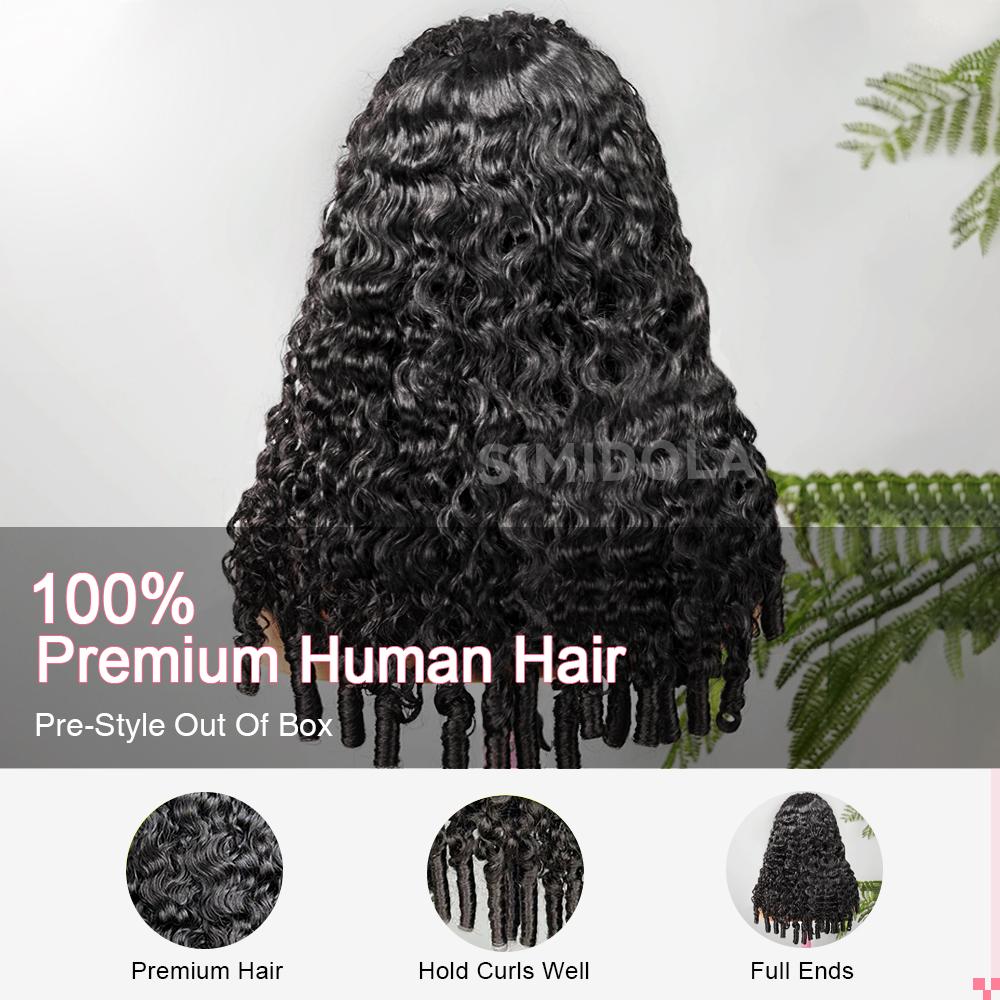 Simidola Burmese Curly Half Wig 13x6 Glueless Lace Upgrade With Drawstring Cap Invisible Hairline Human Hair Wigs Friendly  Beginners 200% Density Natural Black Spiral Curly End Human Hair Detangling Brush