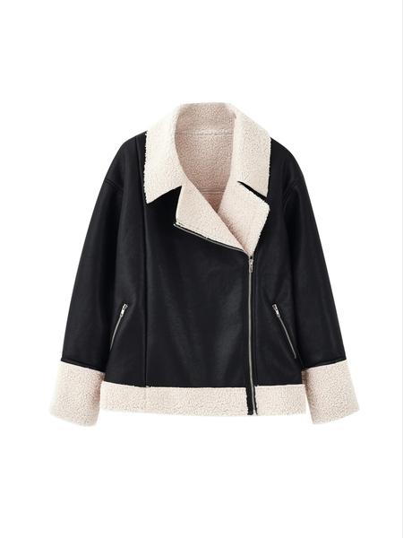 Women's Colorblock Faux Wool Fur Jacket Coat, Warm Winter Travel Outerwear, Stylish Patchwork Design, Soft & Cozy Fabric