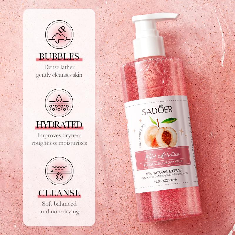 Peach Scrub Body Wash with Natural Scrub Particles,Gently Exfoliate Smooth Skin,98% Natural Extract Cleanser