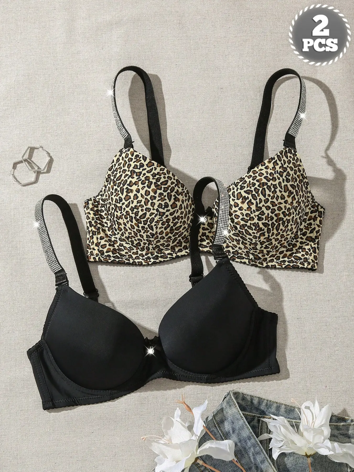 1/2PCS Women's Elegant Underwire Bra, Adjustable Rhinestone Straps, Leopard Print or Solid Color Options, Push-Up Lift, Side Smoothing, Everyday Shaping Bra, Adjustable Bras