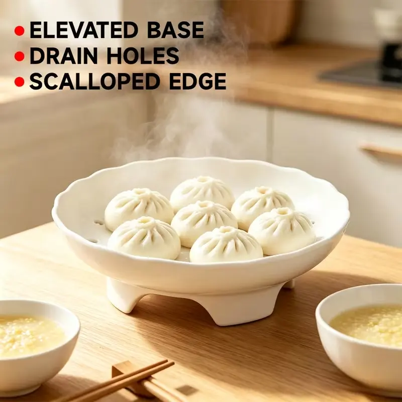1 Set Ceramic Elevated Steamer Plate, 4-Leg Raised Steaming Rack, Hollow Perforated Steamer Tray, Multi-purpose Reusable Cookware, Compatible with Rice Cooker & Microwave, for Steaming Buns, Seafood, Dumplings, Fruits & Vegetables