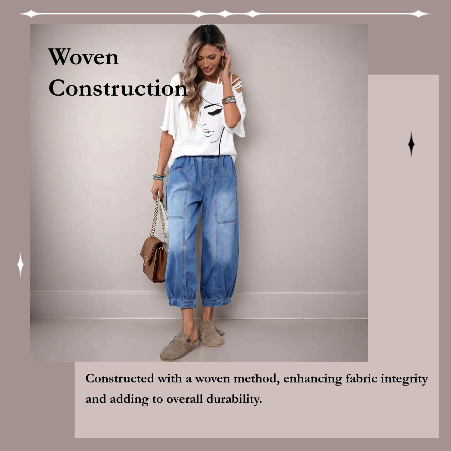 Women's Plaid Loose-Fit Denim Woven Jeans, Casual All-Seasons Comfortable Design, Perfect for Daily Wear & Outdoor Activities