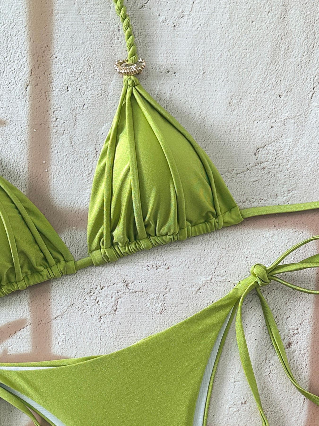 New Women's Solid Color Casual Knot Tie Backless Swimwear Set, Perfect for Beach Vacation, Sexy Bikini