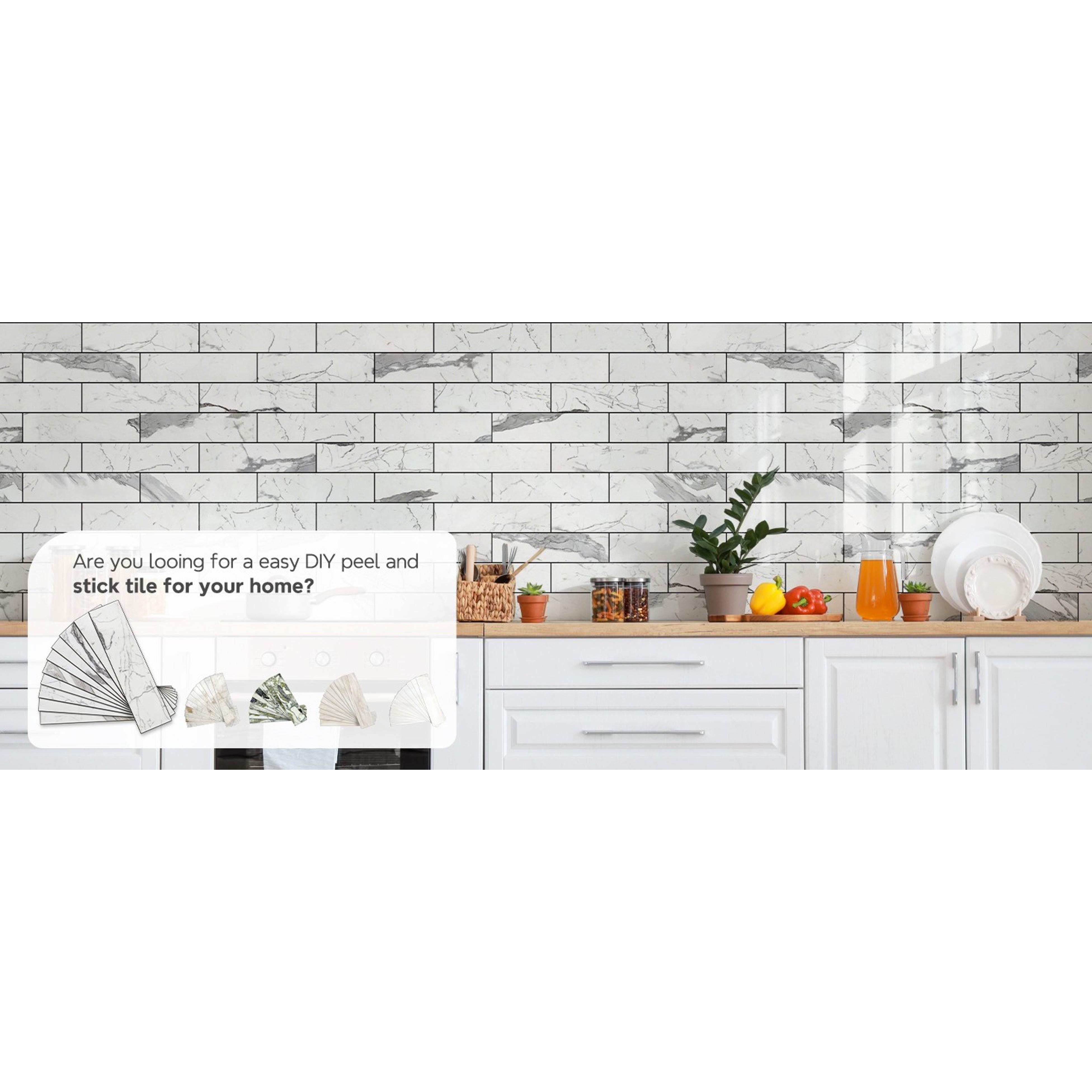 Peel and Stick Backsplash, Glossy 40-Piece 3''x12'' Subway Tile | Statury White with Dark Gray Grout Wall Tile,PVC Faux Stone Stick on Subway Tiles for Kitchen,Bathroom,Laundry,Camper Peel and Stick Backsplash, Glossy 40-Piece 3''x12'' Subway Tile | Statury White with Dark Gray Grout Wall Tile,PVC Faux Stone Stick on Subway Tiles for Kitchen,Bathroom,Laundry,Camper
