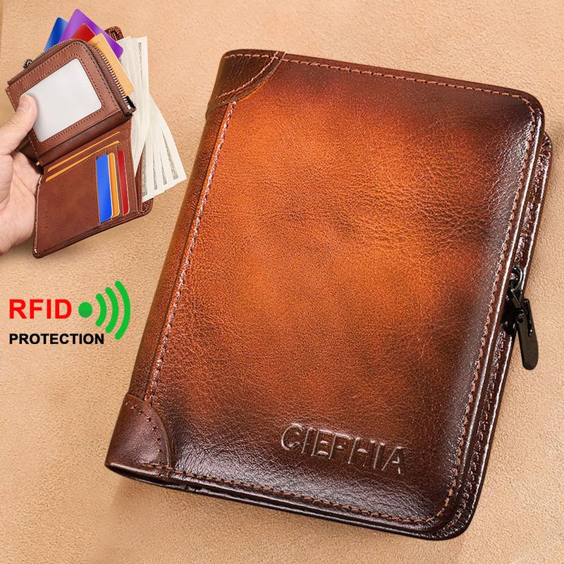 Cowhide Leather Wallets for Men Vintage Short Multi Function Purse RFID Blocking Protection Zipper Coin Pouch ID Credit Card Holder Genuine Leather Money Bag