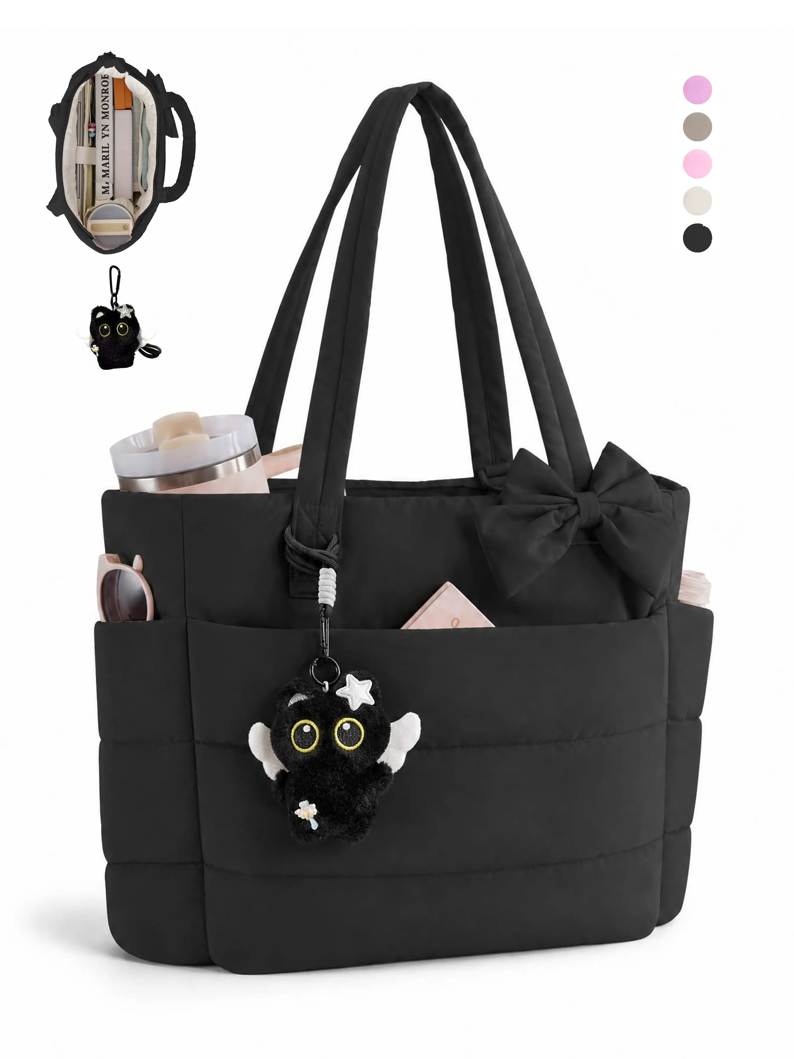 Puffer Tote Bag for Women, Puffy Tote Bag with Cute Plush Cat Charm, Quilted Bow Tote Bag with Cup Holder & Laptop Compartment for Work, Travel, Gym, Versatile Casual Daily Commuting Bag, Back to School Haul College School Bag, Everyday Gift for Women