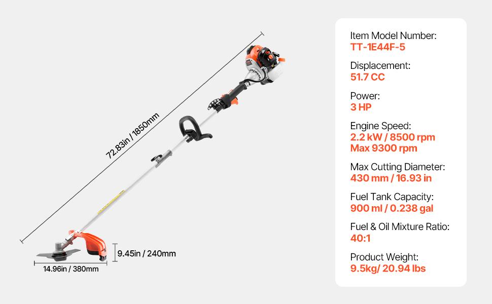 VEVOR String Trimmer, 42.7CC 2-Stroke, Gas Powered Weed Wacker, 16.9 Cordless Grass Trimmer, Multi-Functional Lawn Edger with Shoulder Strap 3T Blade, Weed Eater for Quick Grass Cleaning