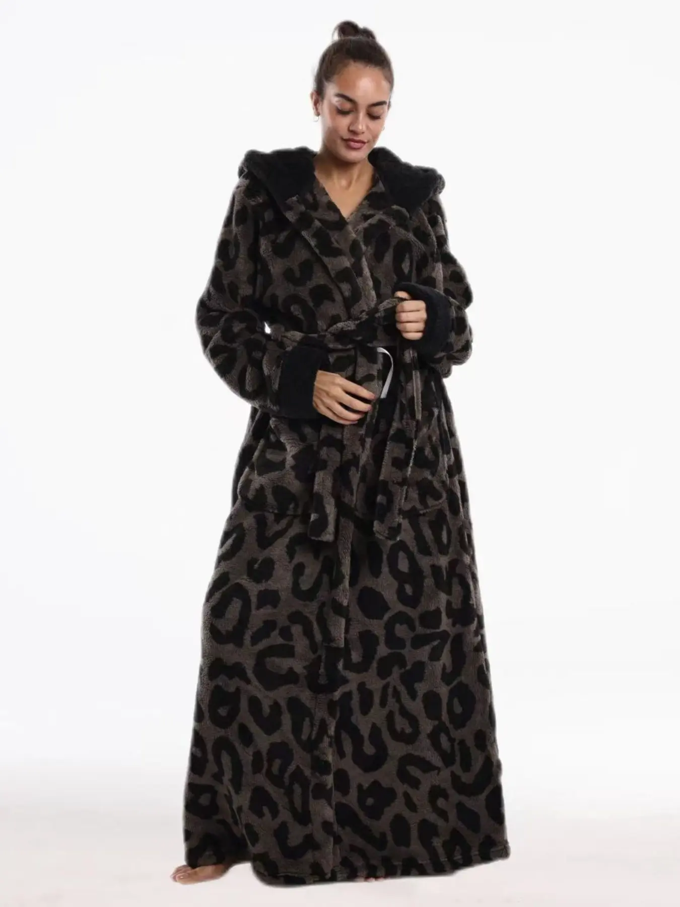 Autumn Winter Fleece Hooded Bathrobe, Leopard Print, Floral, Solid Color, Elegant Belt, Large Pockets, Unisex, Soft & Cozy, Size S-Xl