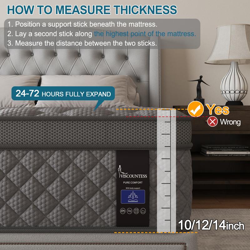 Twin Full Queen King Mattress, 10/ 12 inch  Hybrid Mattress with Gel Memory Foam and Individually Pocket Innerspring Euro Top Mattresses Medium Firm for Motion Isolation, Edge Support