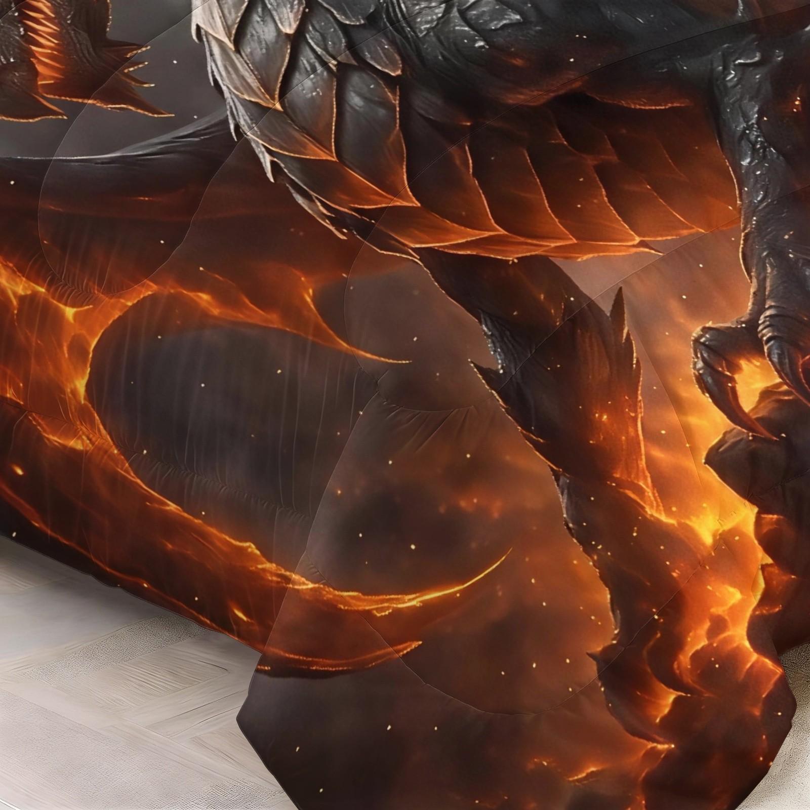 Volcano Dragon Pattern Quilt Set, Polyester Fiber Bedding, Includes 1 Quilt + 2 Pillowcases Without Core, Soft Skin Contact, Ideal for Couples