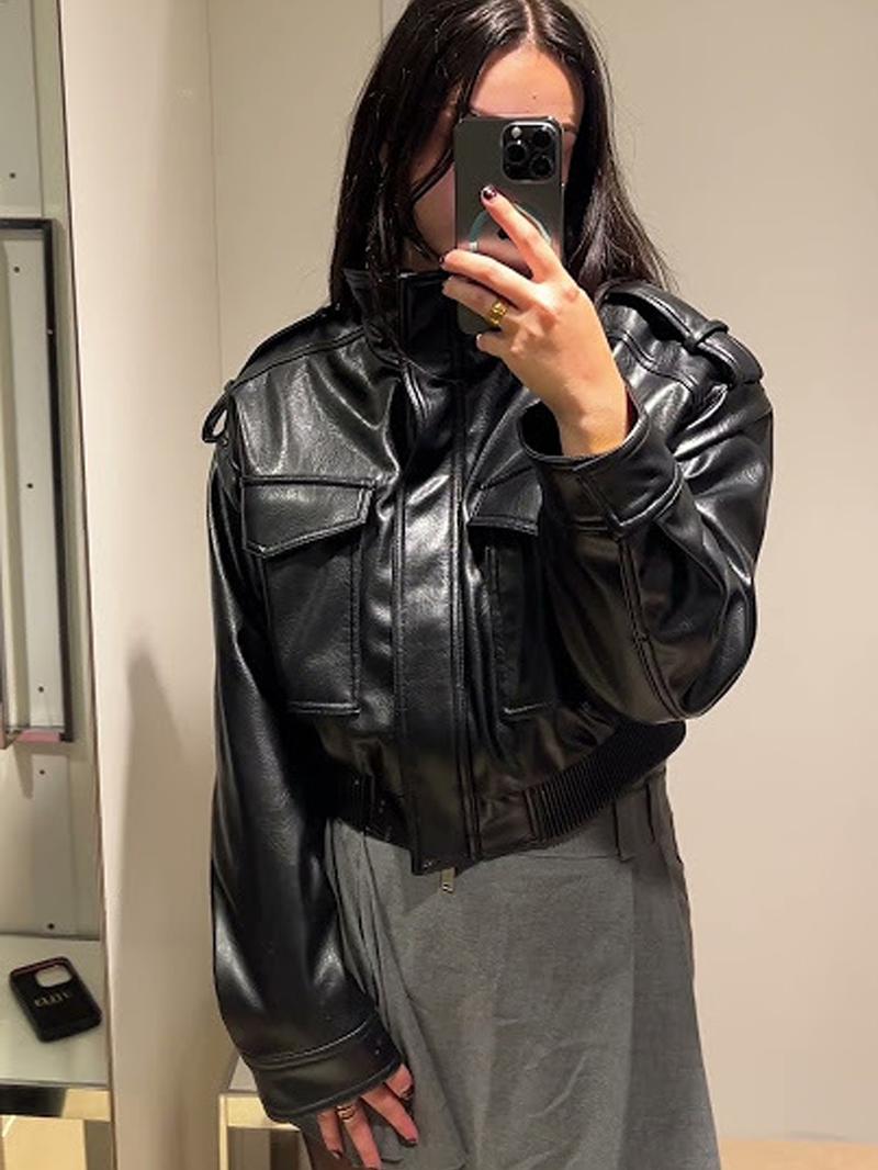 Women's Cropped Bomber Jacket Demi-Season Faux Leather Jacket Long Sleeve Green Black Jacket Women's Moto Biker Zipper Jacket Street Short Coat Aviator Jackets