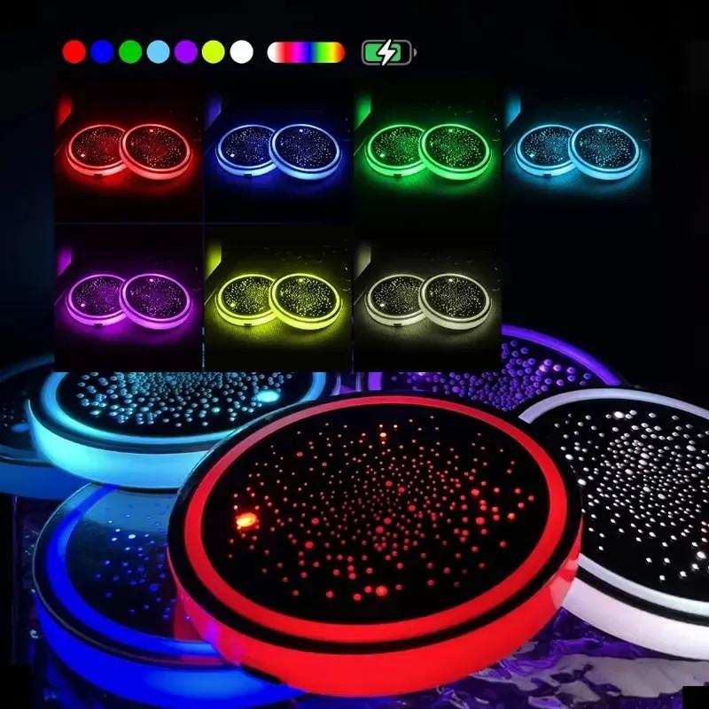 LED Cup Holder Light USB Rechargeable, 7 Color Changing Glow Interior Car Accessory, Non-Slip Cup Tray Ambient Lamp, Teenage Car Parts