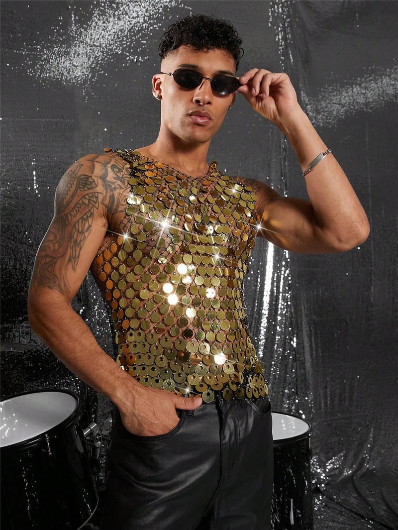Mens Sparkly Mesh Tank Top Rhinestone See Through Clubwear Sexy Hollow Out Party Outfit Festival Stage Fashion Statement