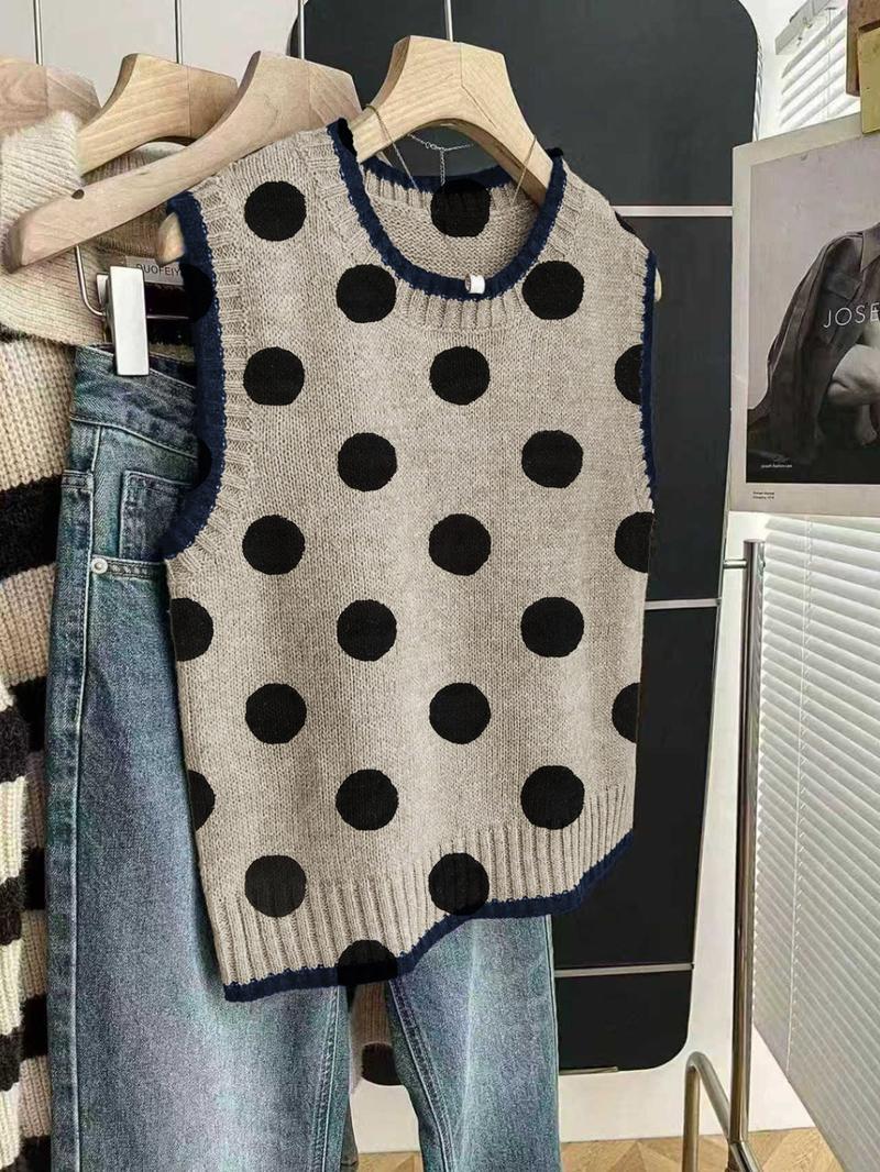 Women's Casual Loose-Fitting Round Neck Sleeveless Knit Top, Colorblock Deep Blue Edge Polka Dot, Spring Summer Fall Outerwear