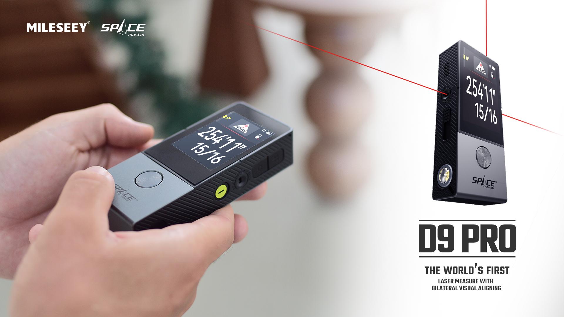 Mileseey D9 Pro 330Ft Professional Laser Measurement Tool, equipped with an IPS touchscreen interface, point-to-point measurement, live angle display, APP sync support, and a laser measuring tool with a visual aligning indicator. Rechargeable Range Finder