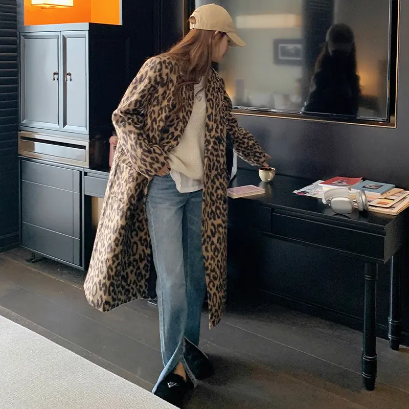 Women's Soft Leopard Print Long Wool Trench Coat - Notched Lapel, Double Breasted, Dressy Winter Warm Overcoat with Premium Fabric Style, Comfortable, Jackets,back to school shopping, Fashion, Outerwear