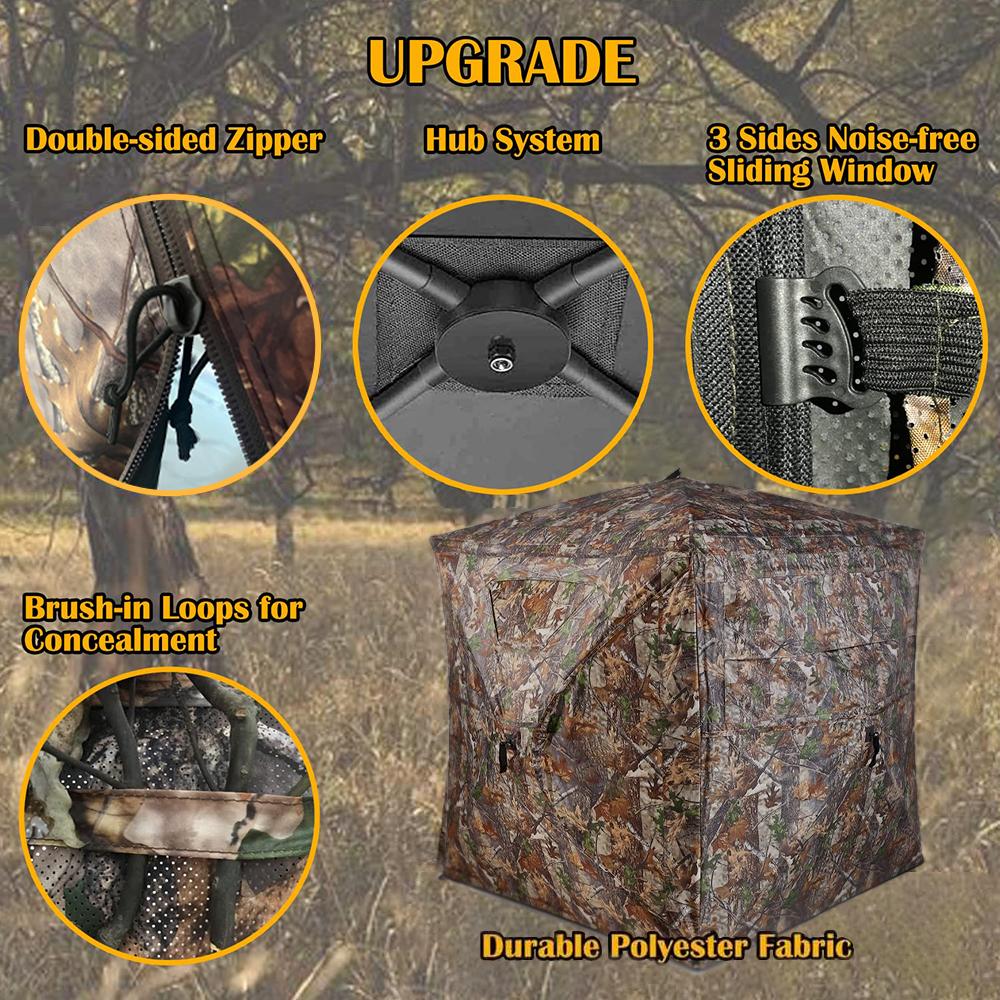 Hunting Blind 2-3 Person with Portable Hunting Chair, 270 Degree See Through Pop up Ground Blinds for Deer Turkey Duck Hunting, Bow Hunting Adjust Windows with Silent Zipper