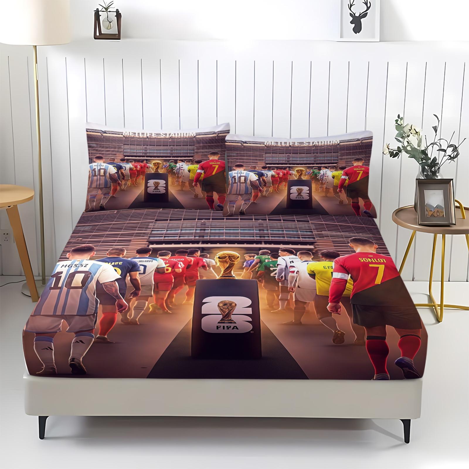 3-Piece World Cup Pattern Fitted Sheet Set, Soft And Durable Bedding Set, Including 1 Piece Flat Sheet And 2 Pieces Pillowcases, Daily Holiday Birthday Gift Bedroom Decorations For Kids And Adults
