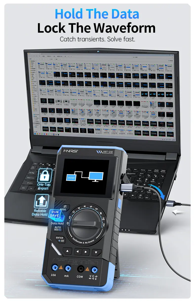 FNIRSI DST-210 Series 3-in-1 Portable Electrical Measuring Tool - Digital Smart Multimeter, 10MHz Scope, Multifunctional Oscilloscope, Signal Source, 2.8-Inch Color TFT Screen, Waveform Export, 400V Max, 19999-Count, 3000mAh, 48MSa/s for Electricians