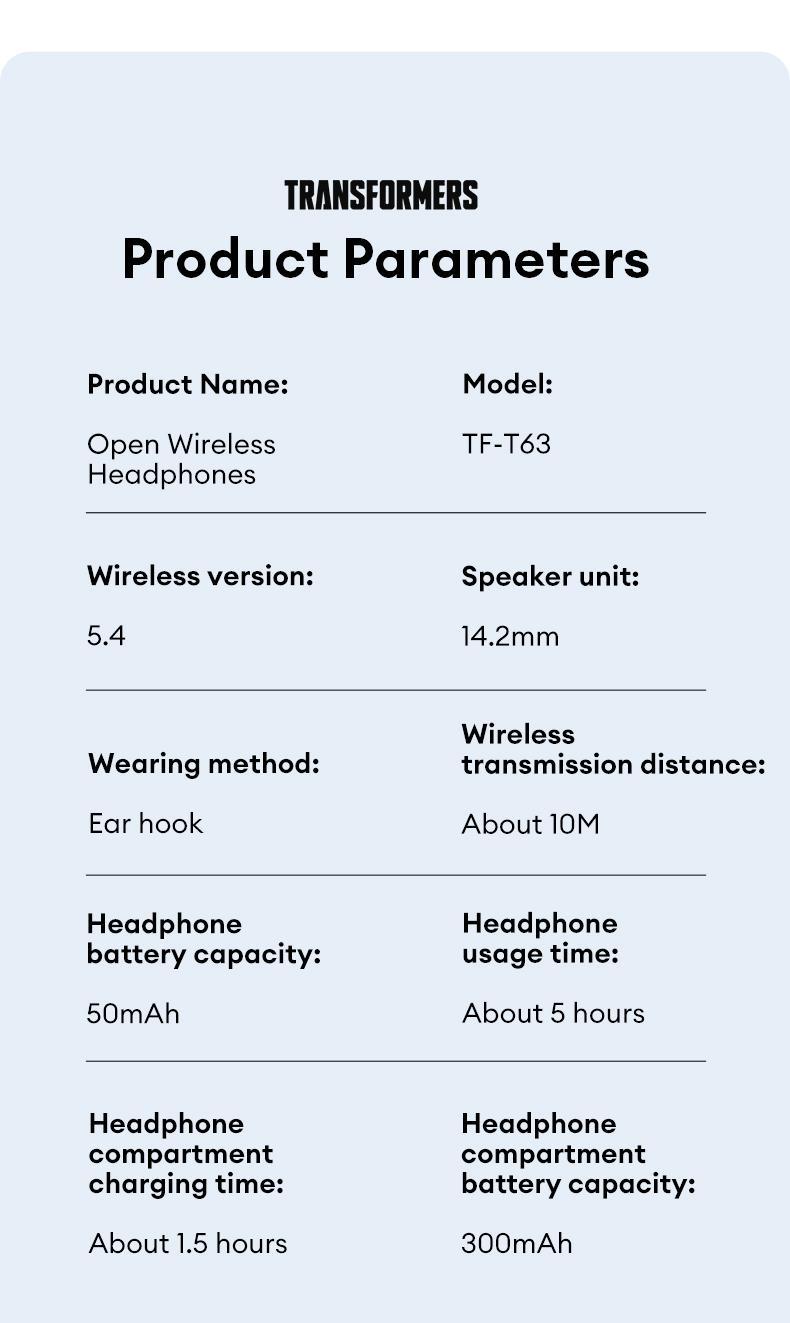 Transformers TF-T63  Wireless BT Earbuds 5.4 OWS High-Res Surround Sound Earbuds Comfortable Wear Headphones with Mic