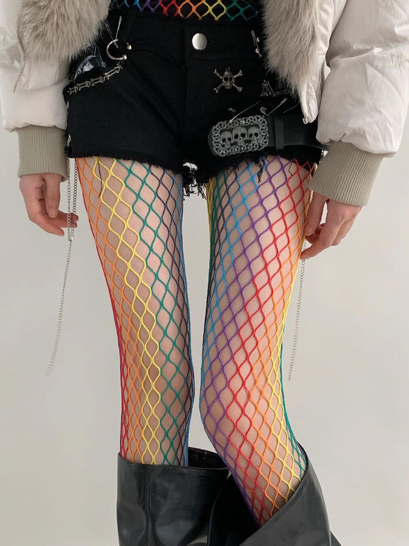 Y2K Boho Mesh Stockings, Rainbow Color Grid Patchwork Fishnet Pantyhose, Fitted Style, Women's Fashion Accessories