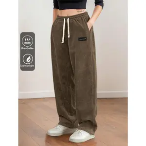 Women's Corduroy Straight Leg Pants, Minimalist Fitted Comfy Design, Drawstring Elastic Mid Waist, Versatile Casual Trousers for Daily Wear & Hiking, Perfect for Spring Autumn Women's Clothes, Ladies' Clothing