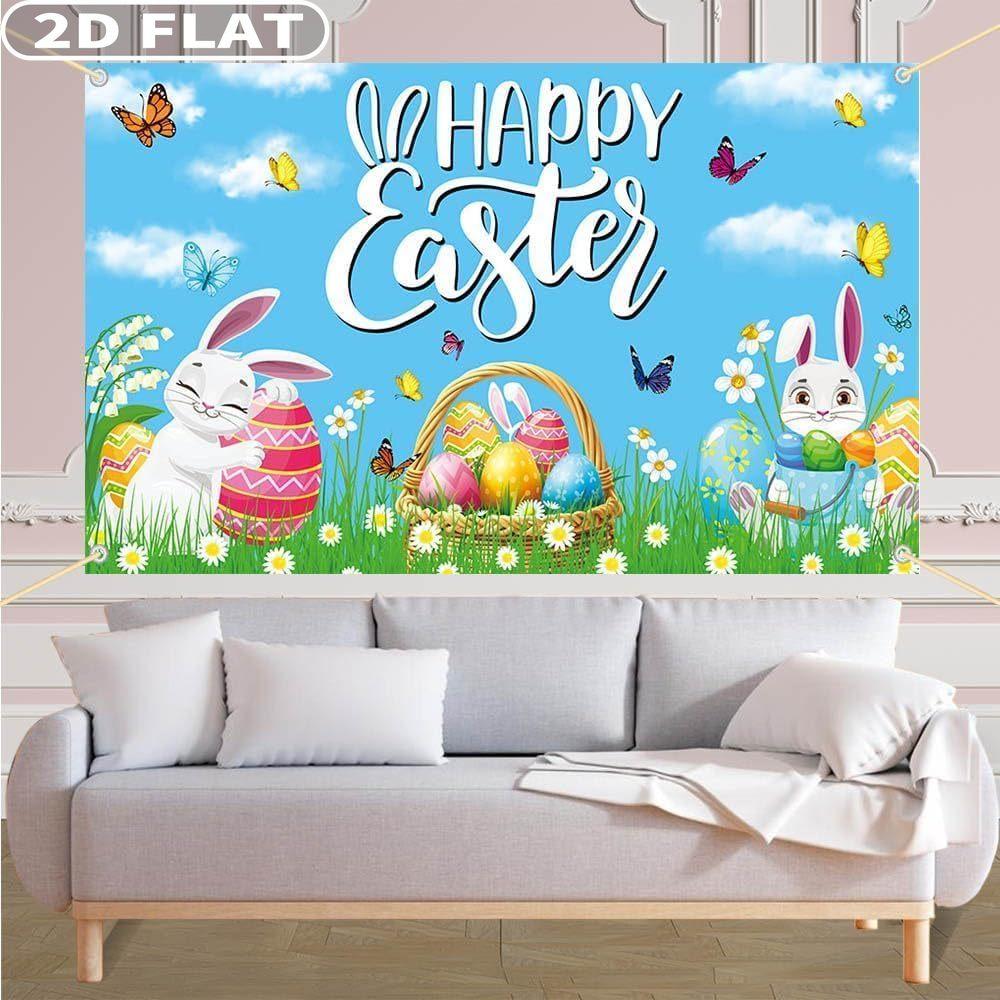 2D FLAT 1 Count Studio Props Happy Easter Backdrop Banner, Multiple Sizes Durable Polyester Fabric Colorful Flower Eggs Spring Bunny Grassland Theme Easter Decorations Party Supplies for Photo shoot Happy Easter's Day Party Decor