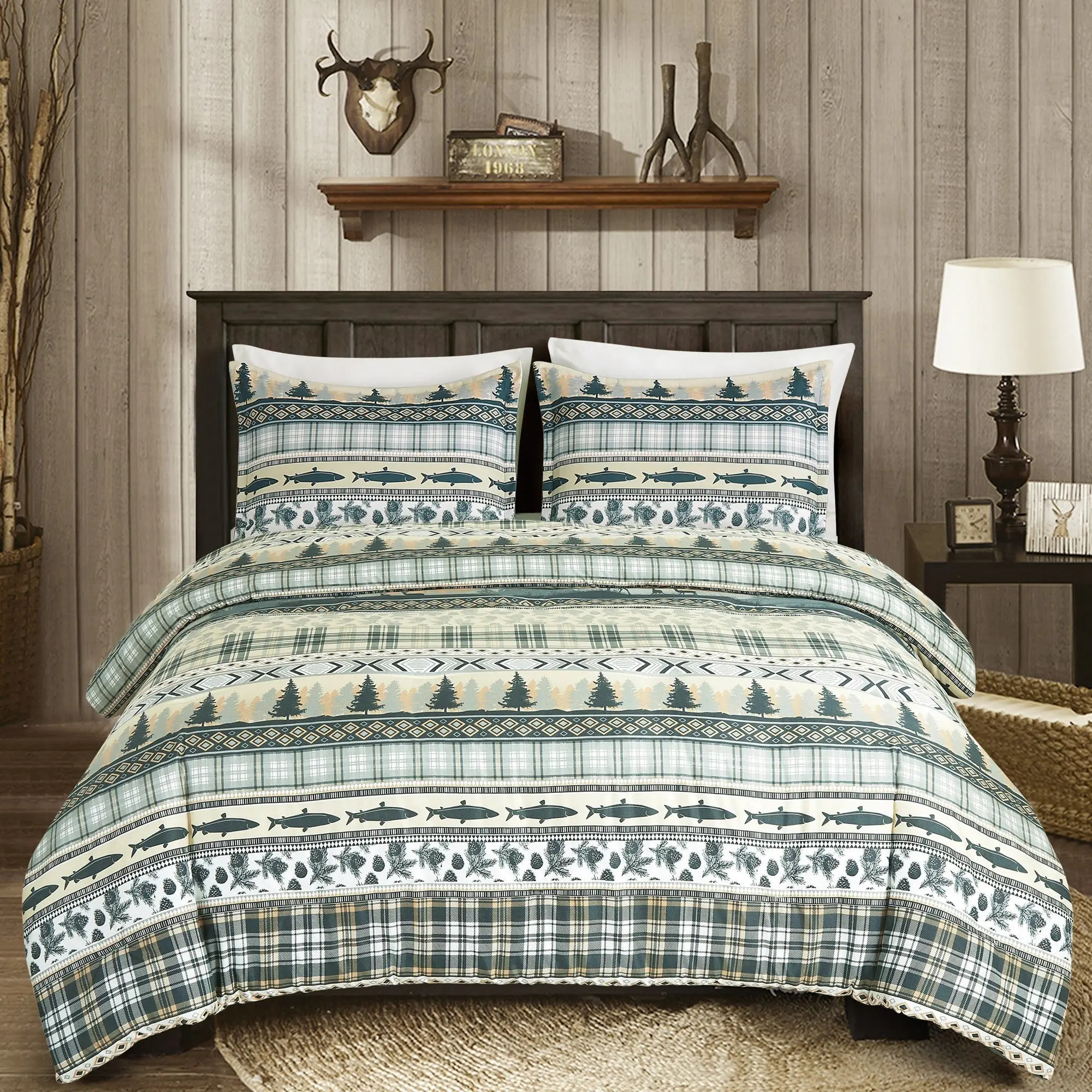 Cabin Lodge Pine Tree Fish Deer Explorer Mountain Printed Microfiber Comforter Set, King/Queen/Full/Twin Size