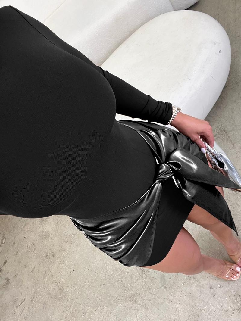 Women's patchwork knotted side ruched long-sleeved mini dress