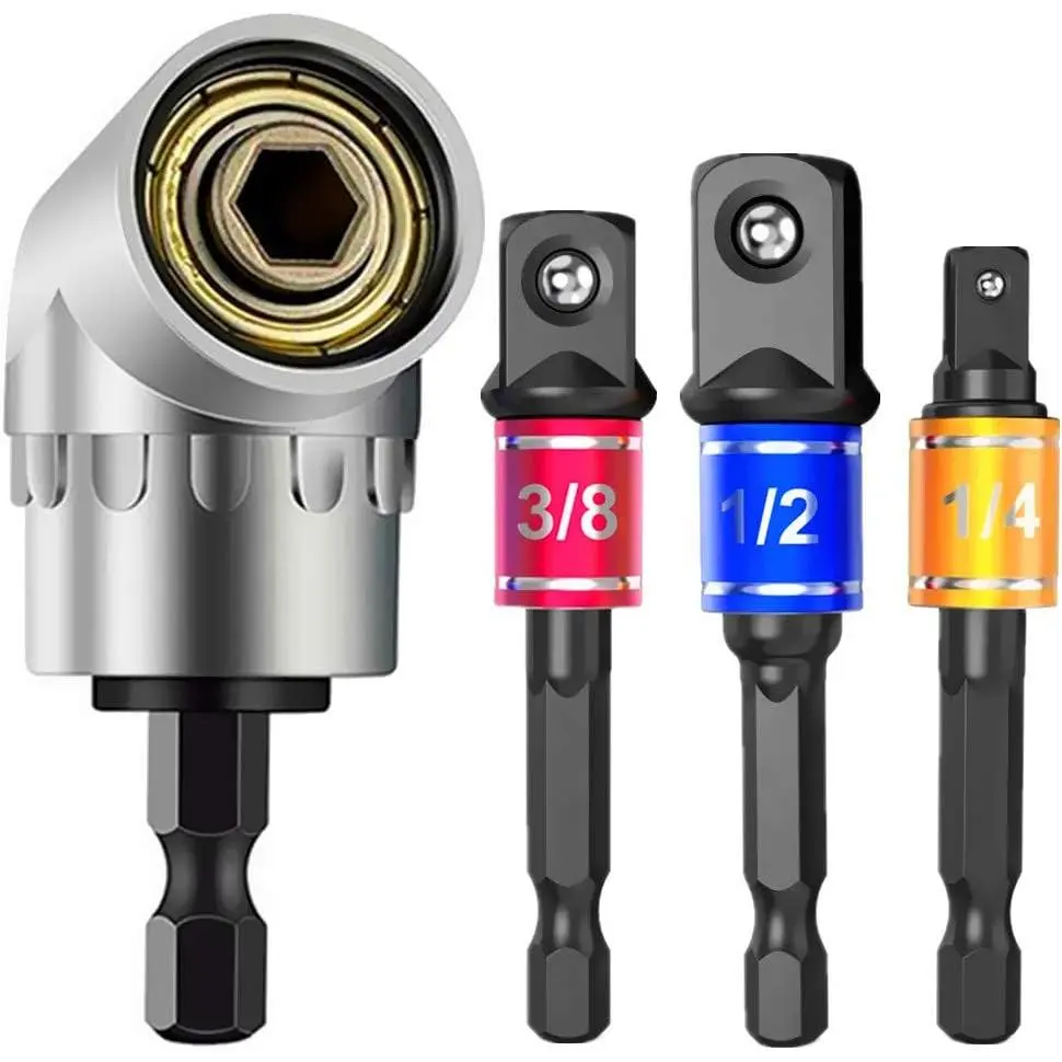 Hand Tools Driver Sockets Adapter Extension Set, 3Pcs 1/4 3/8 1/2" Hex Shank Nut Driver Bit Set + 105 Degree Angle Driver Extension Screwdriver