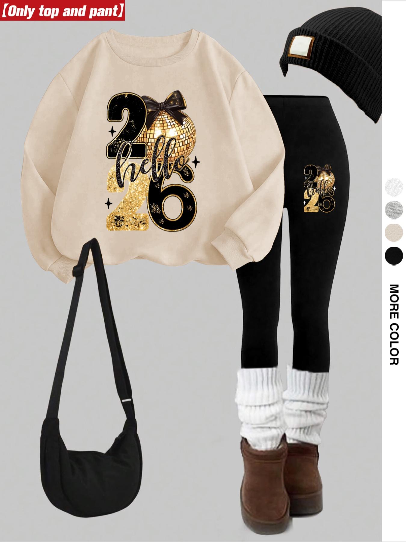 Women's Casual Sweatshirt Set 2 Piece, New Year 2026 Print, Round Neck Long Sleeve, Long Pants, Fall Winter Fashion