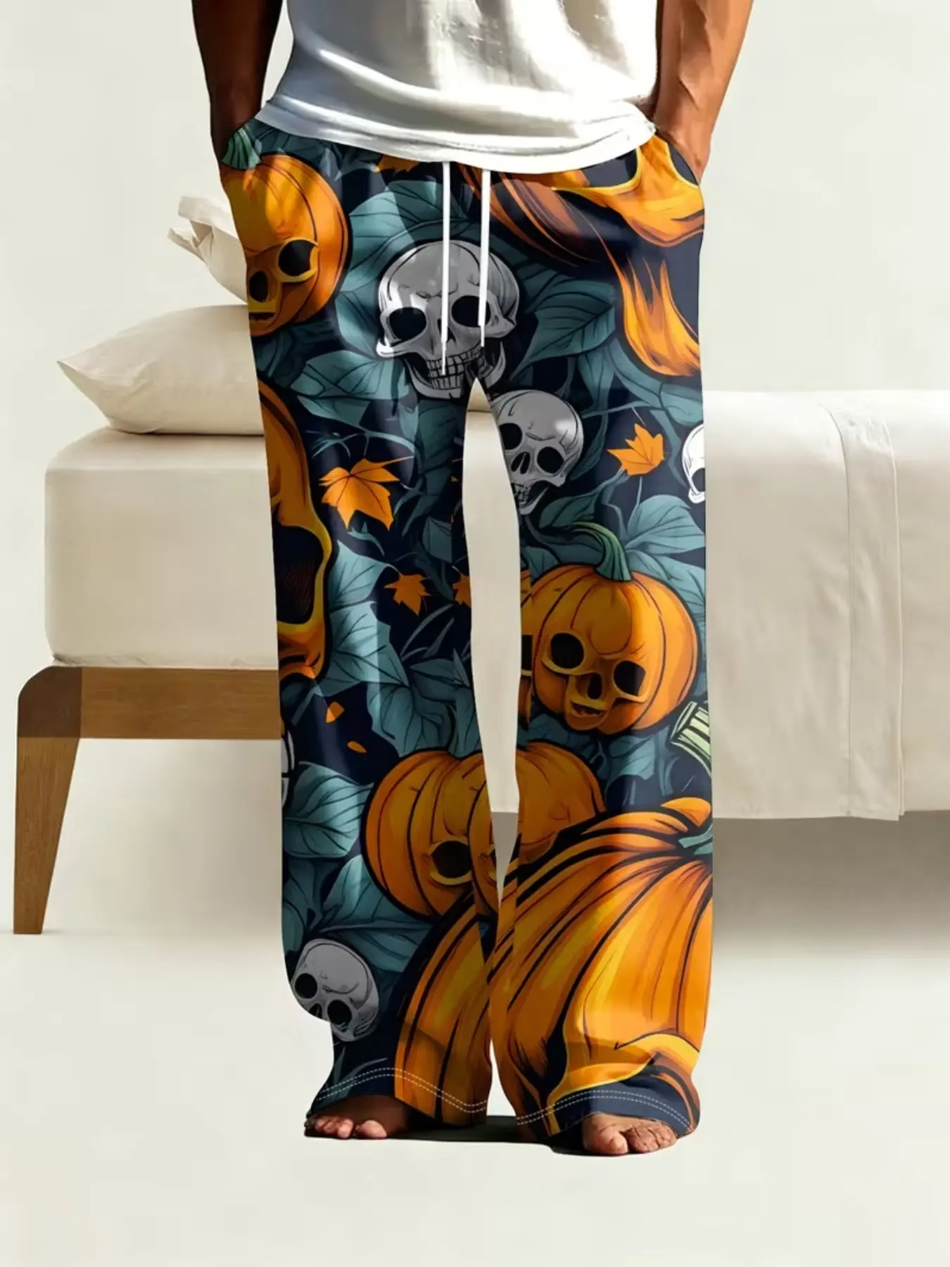 Men's Fashion Halloween Print Straight Leg Pants, Pumpkin Skull Design, Pocket and Drawstring, Casual Loose-Fit Trousers