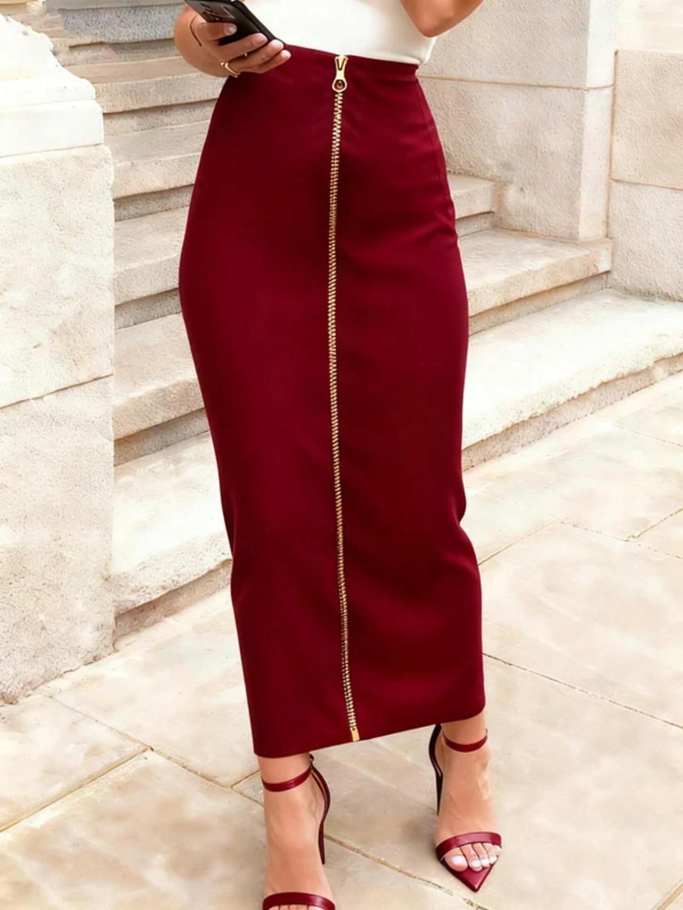 Women's High-Waisted Bodycon Skirt, Metal Zipper, Metallic, Slim-Fitting, Fitted Skirt, Long, Elegant, Chic, Office Wear, All Seasons, Plain Pattern, Womenswear