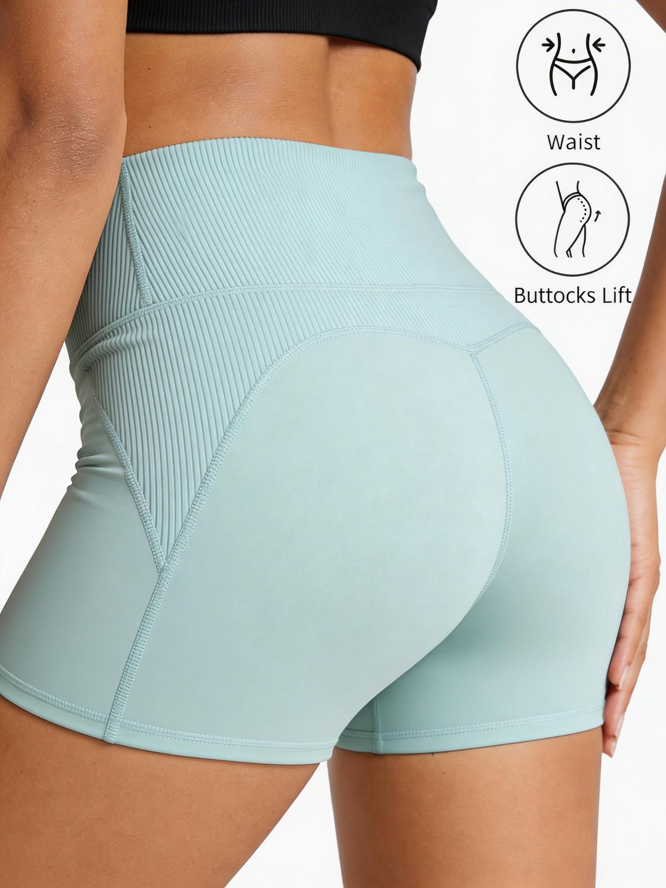 Women's High Waist Yoga Shorts, Ribbed Waist Tummy Control Butt Lift Gym Shorts, Four Way Stretch Anti-See Through Fitness Running Shorts